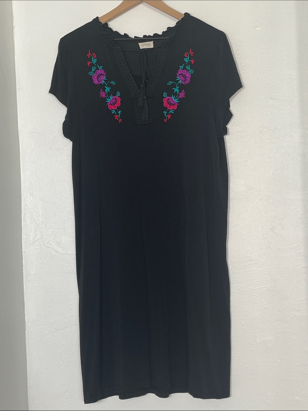 Black Embroidered V-Neck Women's Dress